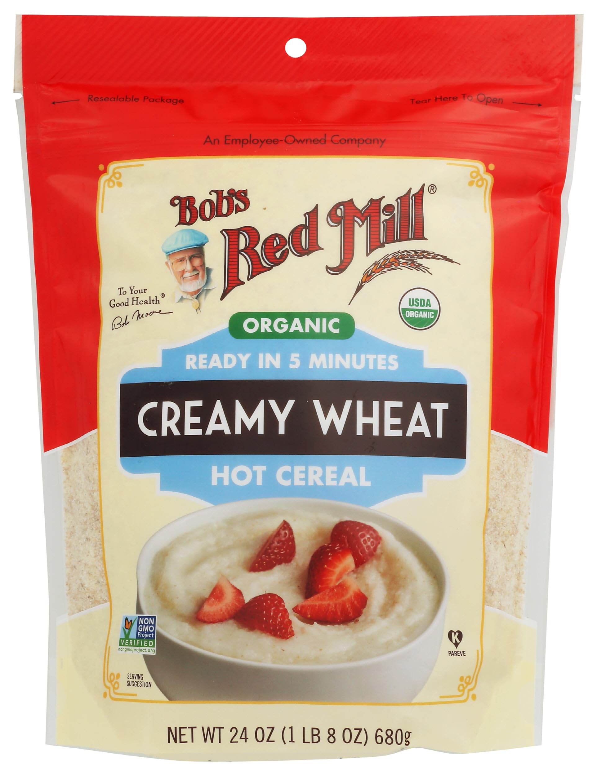 Bob's Red Mill Organic Creamy Wheat Hot Cereal steaming porridge in a bowl for a comforting breakfast