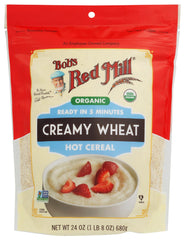 Bob's Red Mill Organic Creamy Wheat Hot Cereal steaming porridge in a bowl for a comforting breakfast