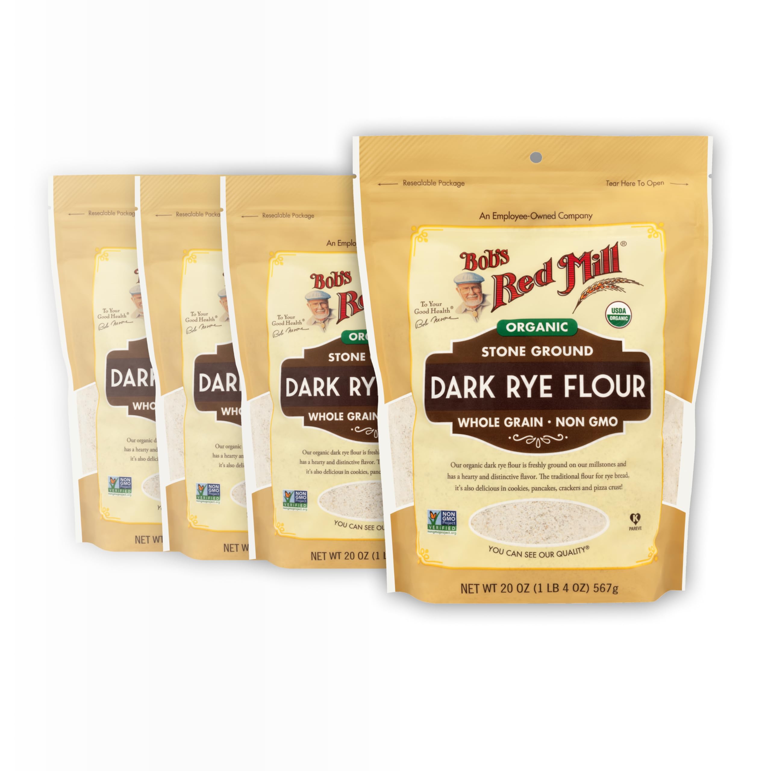 Bob's Red Mill Organic Dark Rye Flour in a resealable bag for pantry-friendly baking.