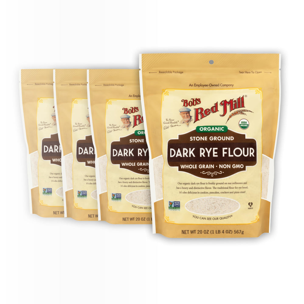 Bob's Red Mill Organic Dark Rye Flour in a resealable bag for pantry-friendly baking.