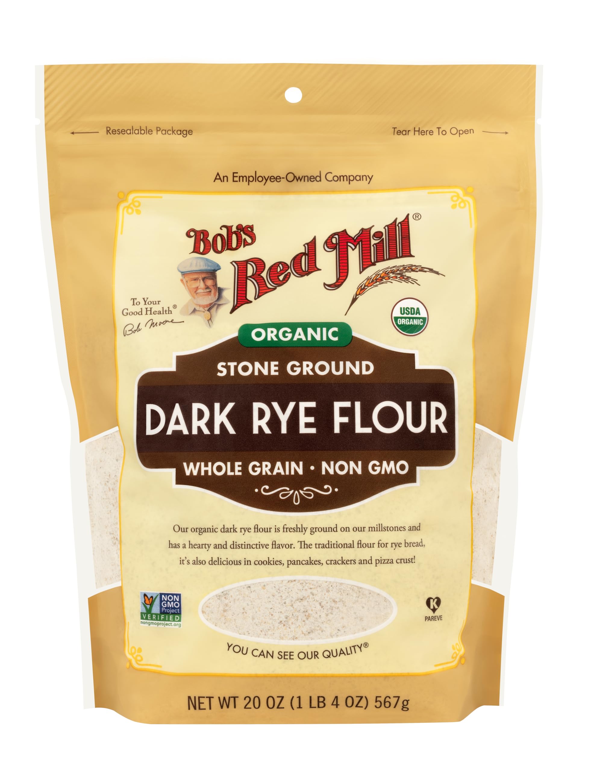 Label view showing Organic and Non-GMO certification on Bob's Red Mill rye flour.