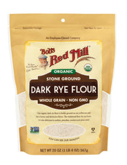 Label view showing Organic and Non-GMO certification on Bob's Red Mill rye flour.