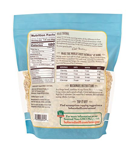 Nutrition panel on the Bob's Red Mill oats package in four pack