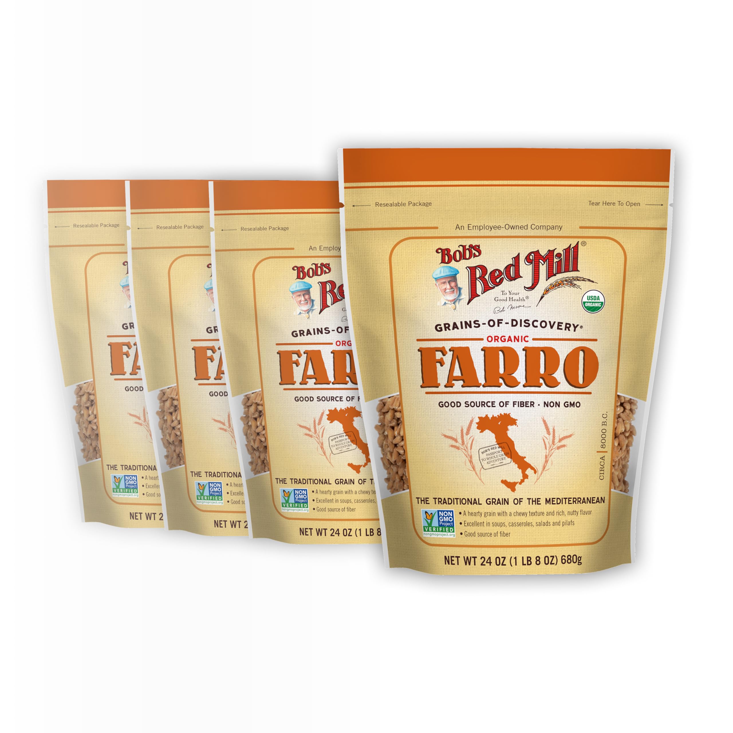 Bob's Red Mill Organic Farro grain in a bag, hearty base for bowls and salads