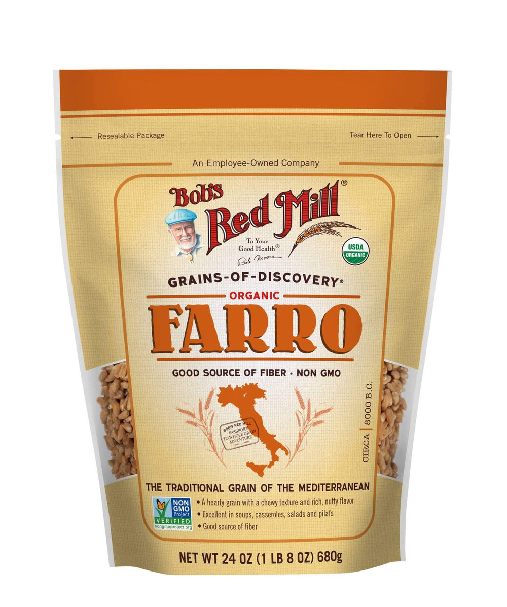 Bob's Red Mill Organic Farro grain pack front view, versatile base for bowls and meals.