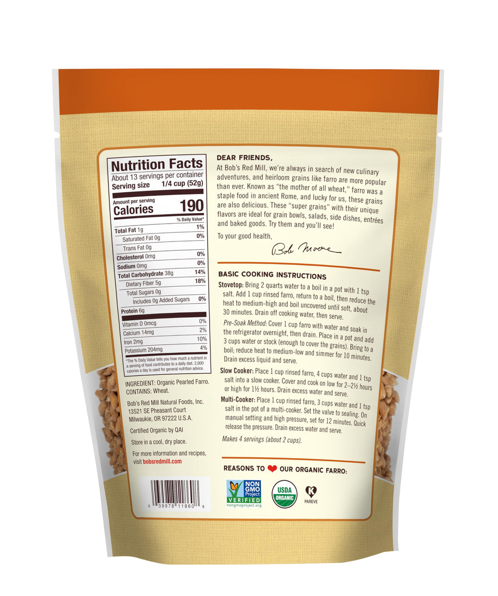 Bob's Red Mill Organic Farro with measuring cups for easy, fiber-rich meals