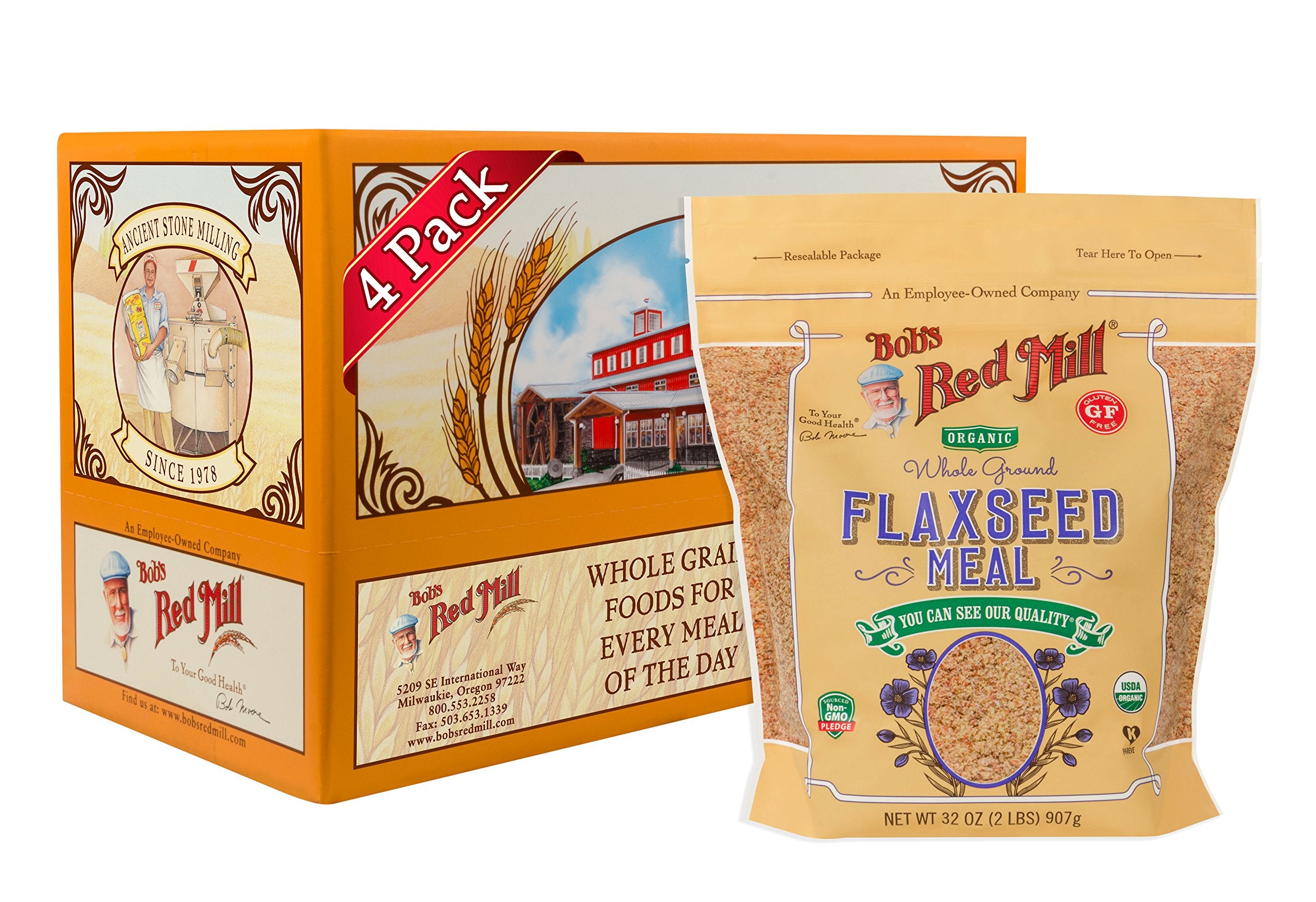 Bob's Red Mill Organic Flaxseed Meal packaging front shows organic, non-GMO ingredients for gluten-free baking.