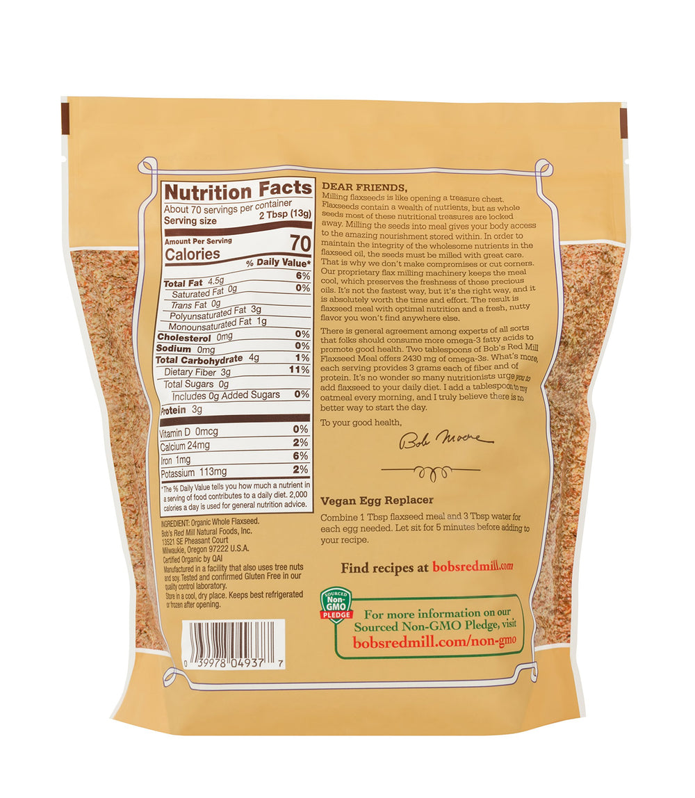 Bob's Red Mill Organic Flaxseed Meal being poured, a versatile low-carb option.