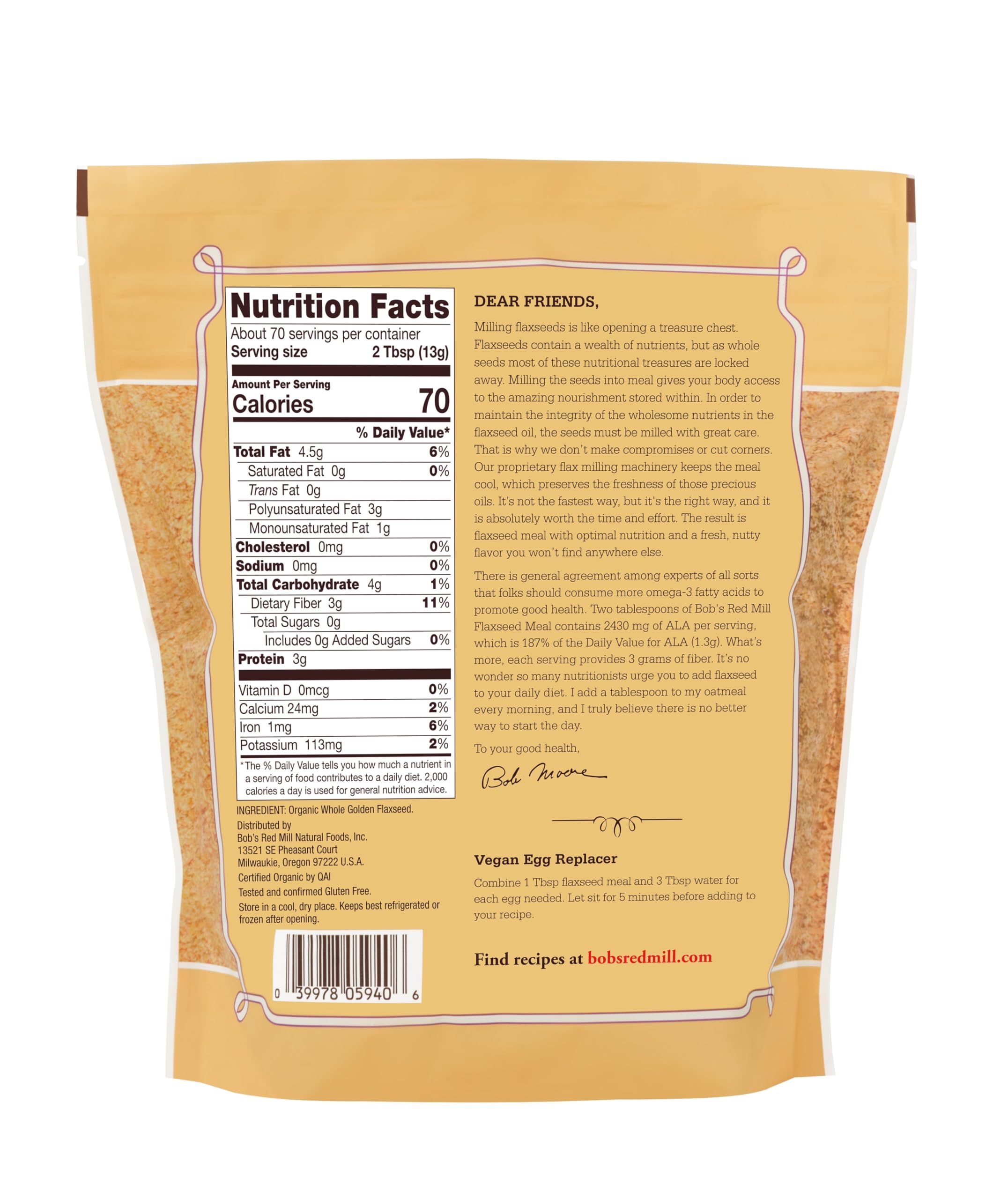 Bob's Red Mill Organic Golden Flaxseed Meal, cold-milled close-up preserves omega-3s and fresh flavor.