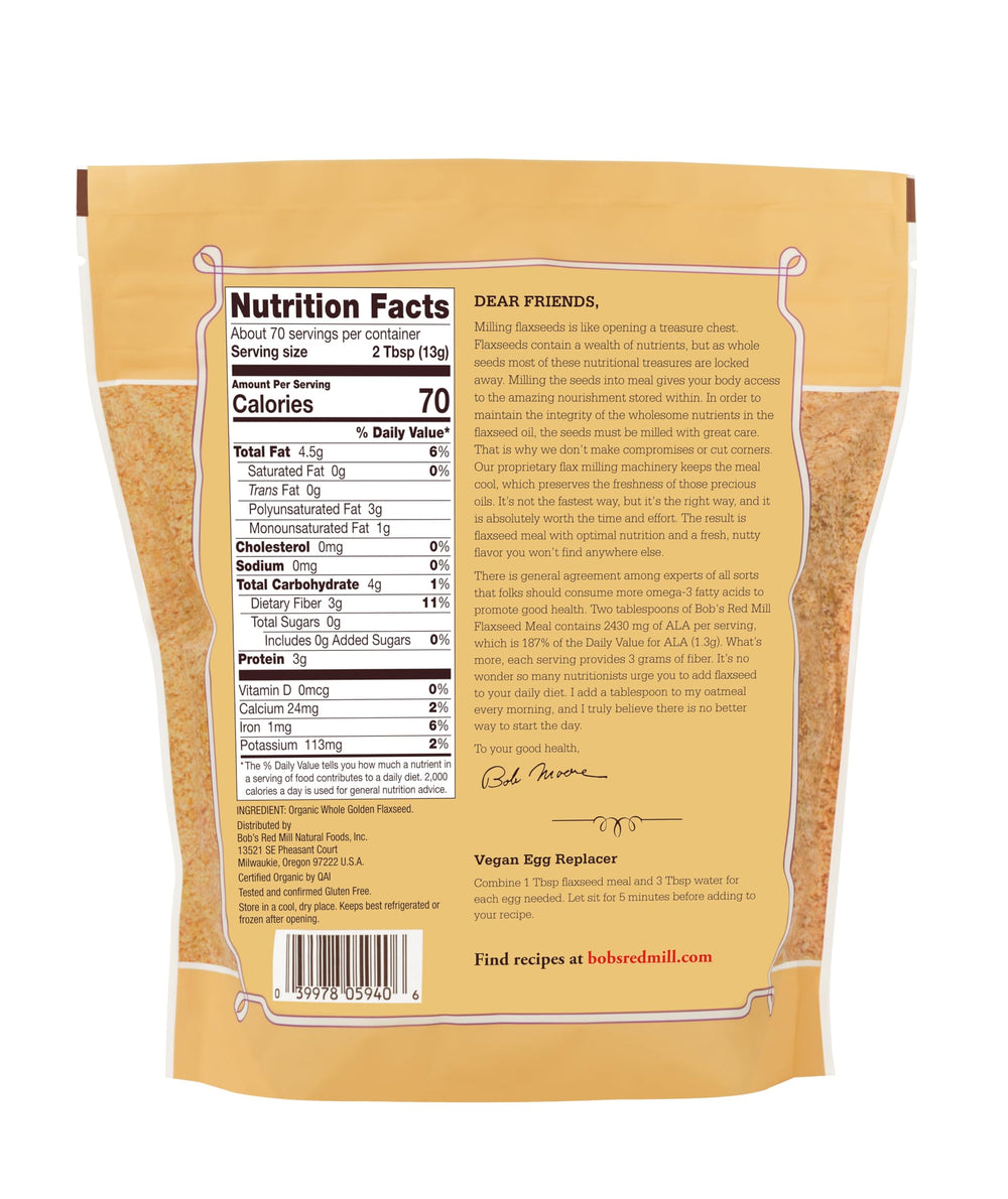 Bob's Red Mill Organic Golden Flaxseed Meal, cold-milled close-up preserves omega-3s and fresh flavor.