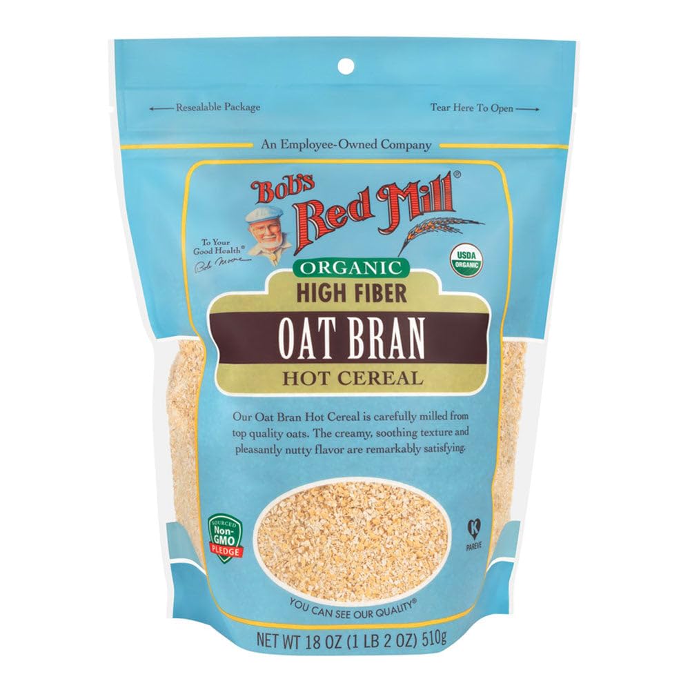 Bob's Red Mill Oat Bran Hot Cereal label showcases organic certification and clean ingredients.