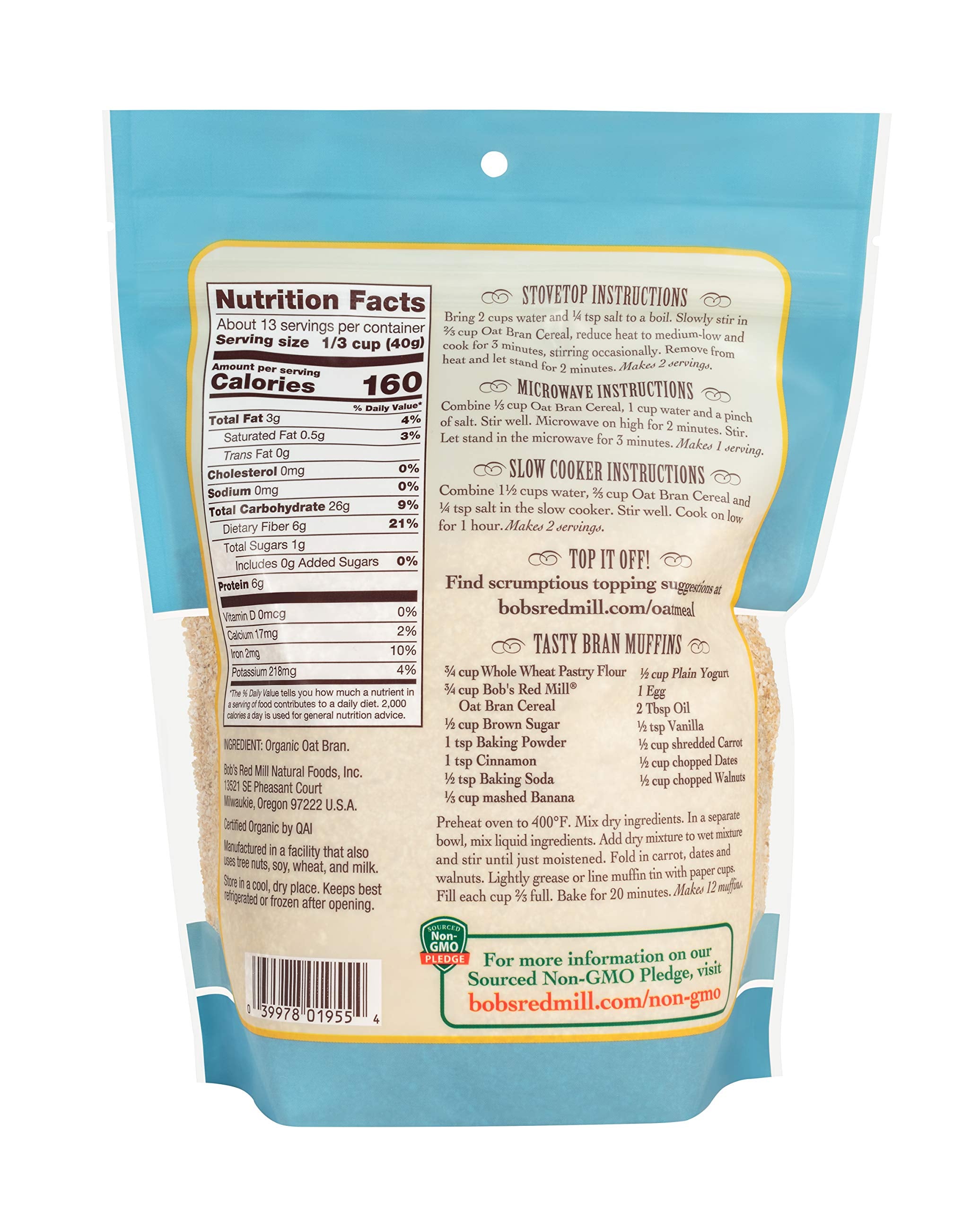 Bob's Red Mill Organic Oat Bran nutrition label highlights fiber and protein.