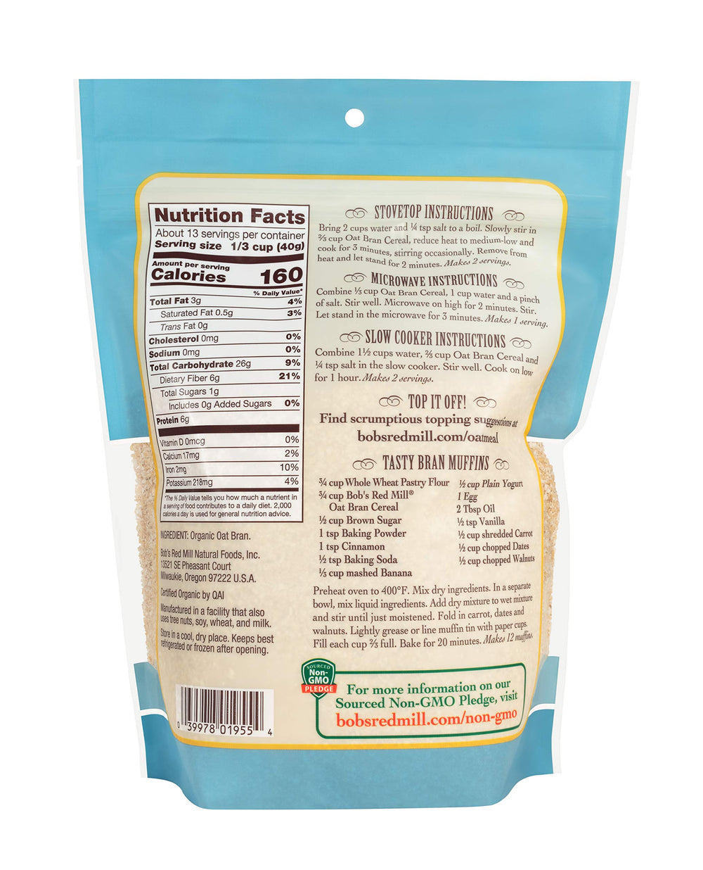 Bob's Red Mill Organic Oat Bran nutrition label highlights fiber and protein.