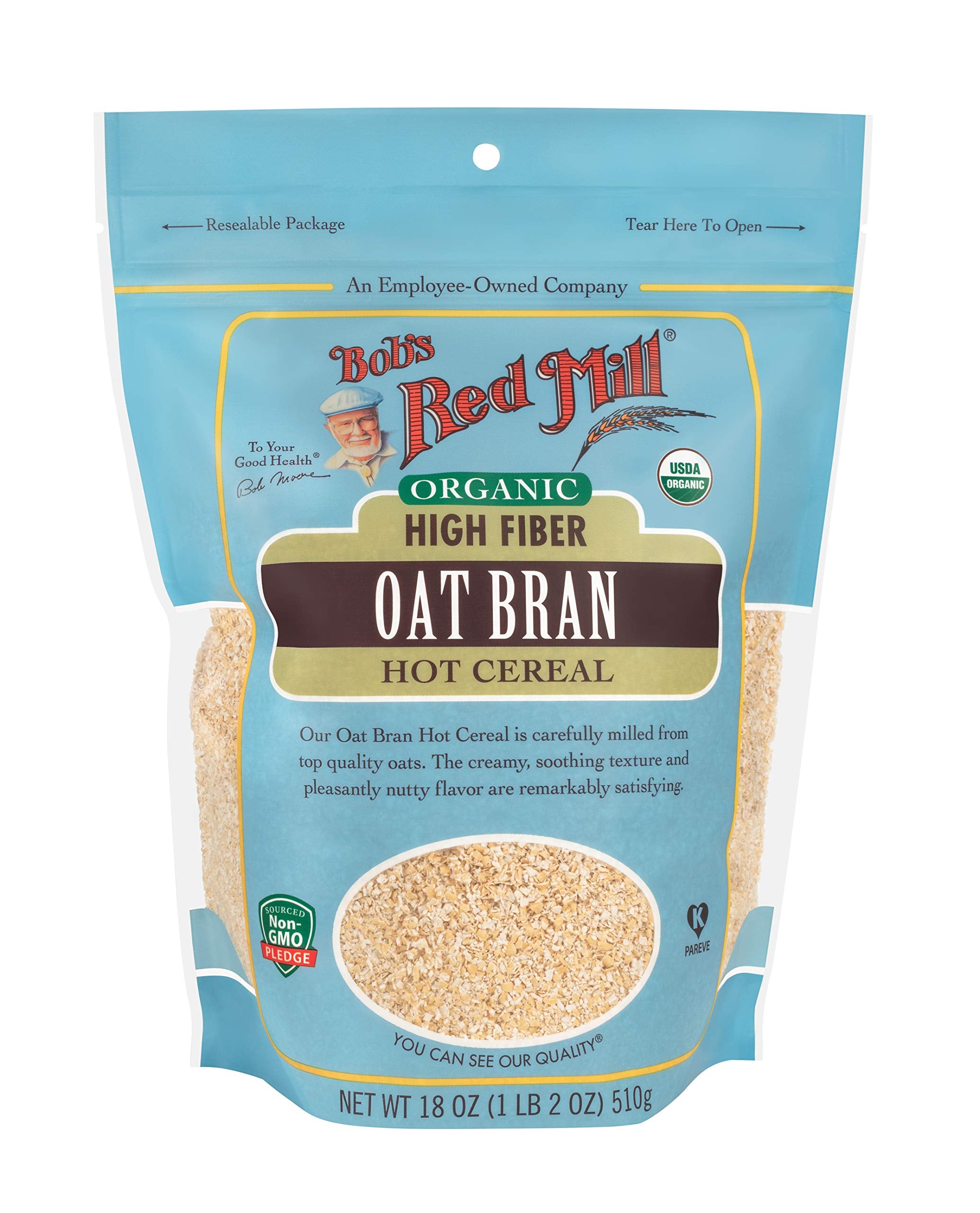 Bob's Red Mill Organic Oat Bran being poured, quick-morning preparation.