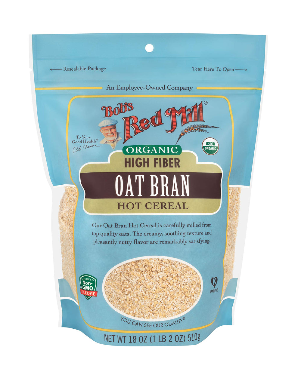 Bob's Red Mill Organic Oat Bran being poured, quick-morning preparation.