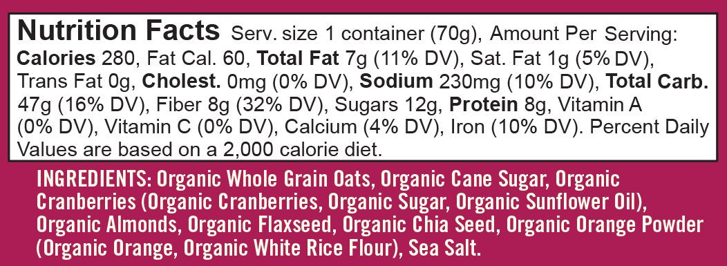 Bob's Red Mill Organic Oat Cup Cranberry Orange ingredients closeup showing almonds and cranberries.
