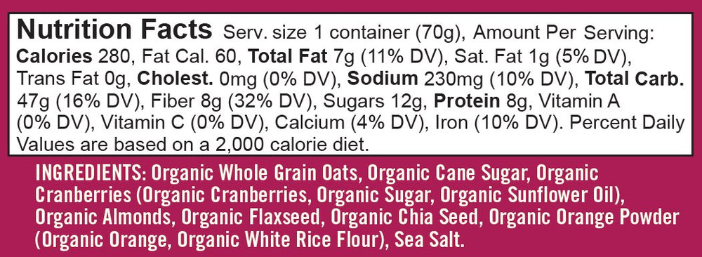 Bob's Red Mill Organic Oat Cup Cranberry Orange ingredients closeup showing almonds and cranberries.