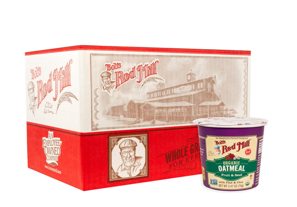 Bob's Red Mill Organic Oat Cup Fruit & Seed—ready-to-eat on-the-go breakfast.