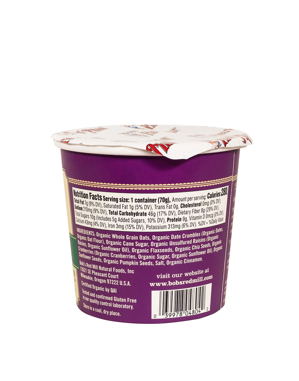 Bob's Red Mill Organic Oat Cup Fruit & Seed—fiber and protein-rich meal.