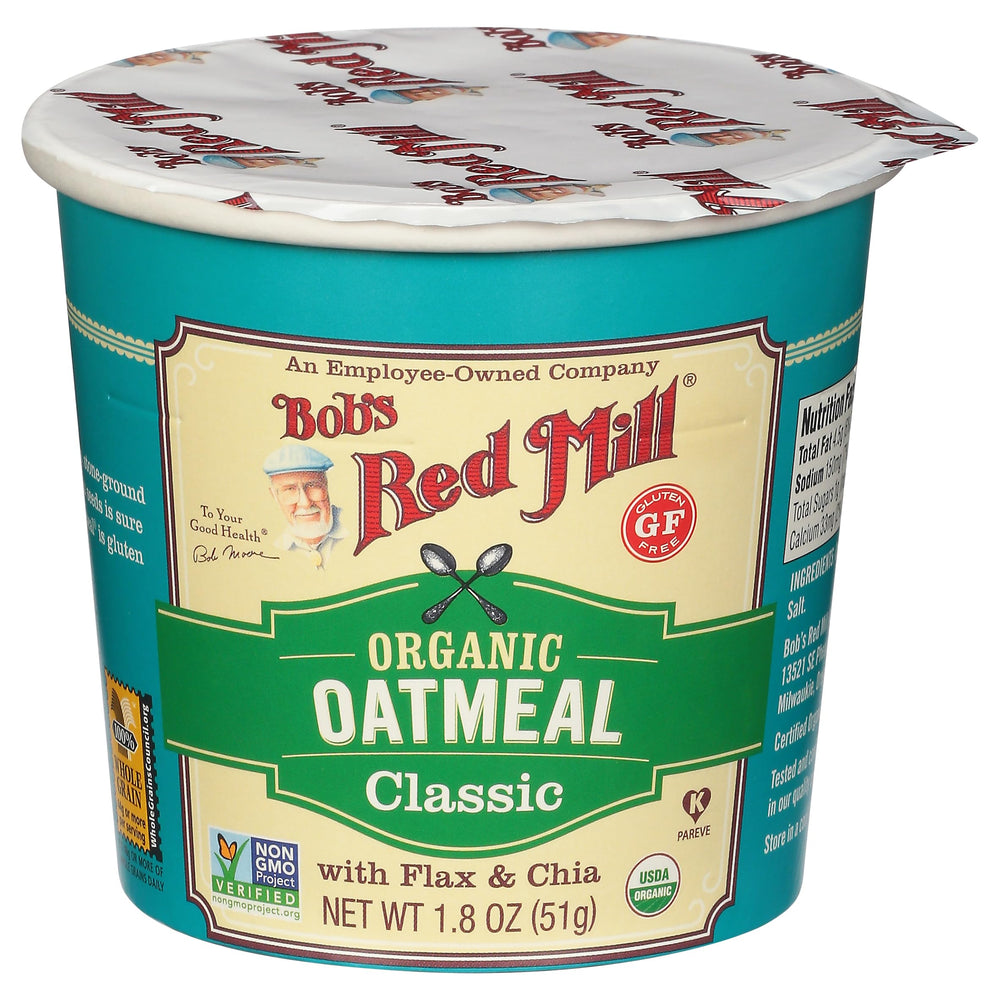 Bob's Red Mill Organic Oatmeal Cup with flax and chia, pour-ready for busy mornings