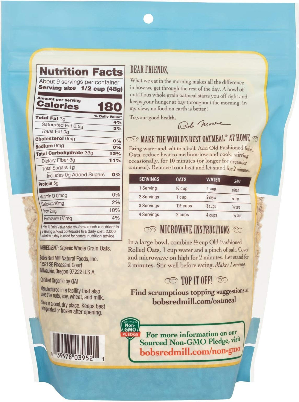 Bob's Red Mill Organic Oats Rolled Regular close-up highlights texture and fiber-rich grains