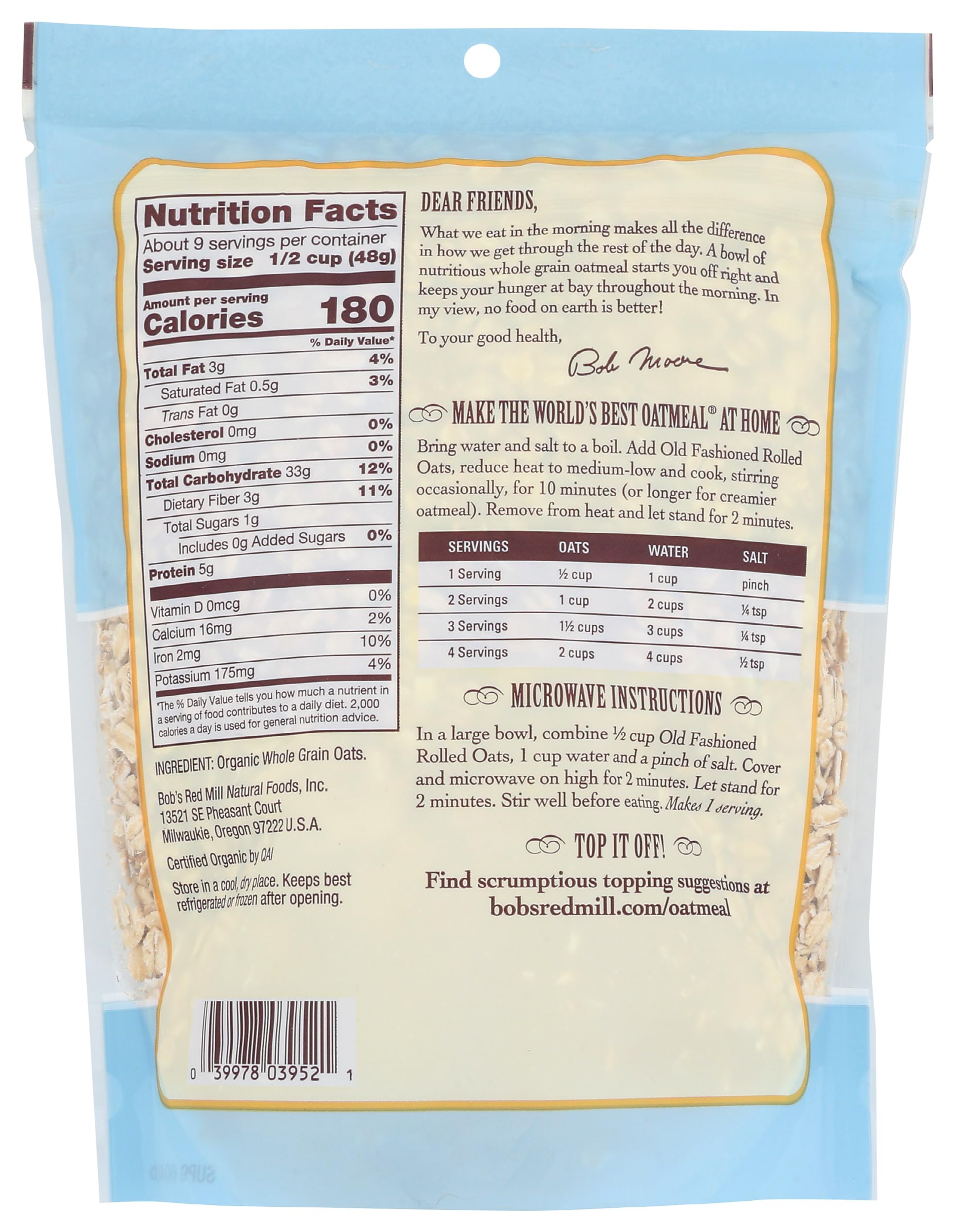 Close-up of the Organic label on Bob's Red Mill oats, highlighting organic certification and Non-GMO status