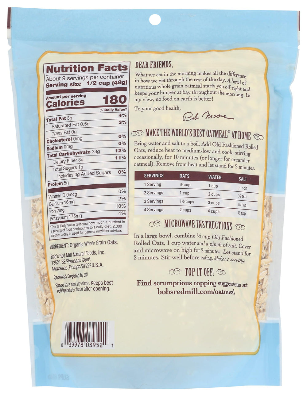 Close-up of the Organic label on Bob's Red Mill oats, highlighting organic certification and Non-GMO status