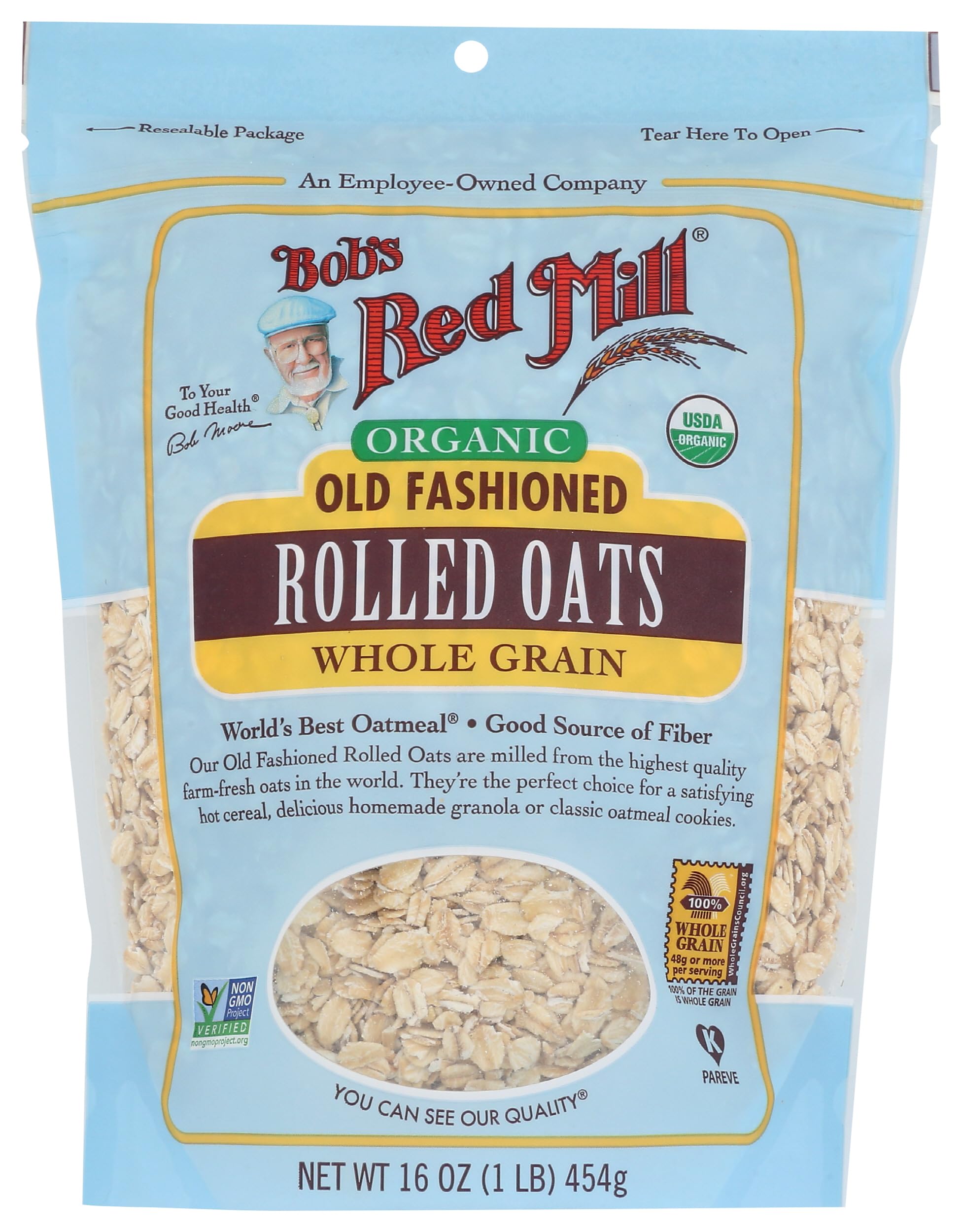 Bob's Red Mill Organic Old Fashioned Rolled Oats pack front showing whole-grain oats for a wholesome breakfast