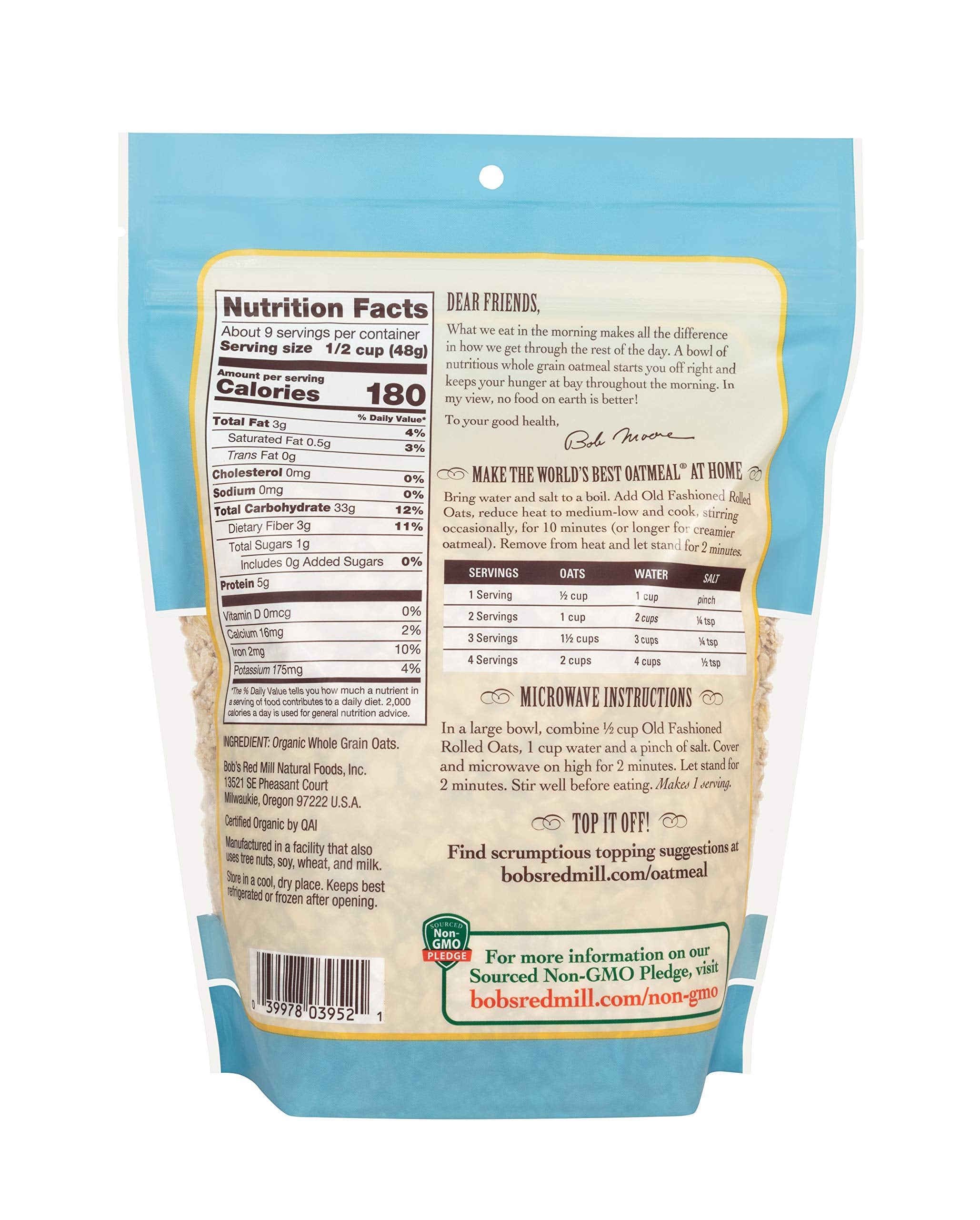 Bob's Red Mill Organic Old Fashioned Rolled Oats in a steaming porridge bowl.