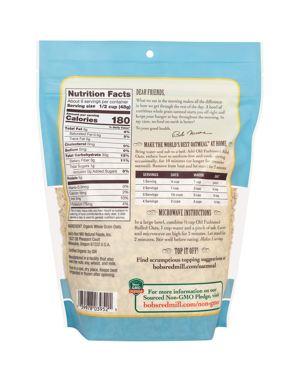 Bob's Red Mill Organic Old Fashioned Rolled Oats in a steaming porridge bowl.
