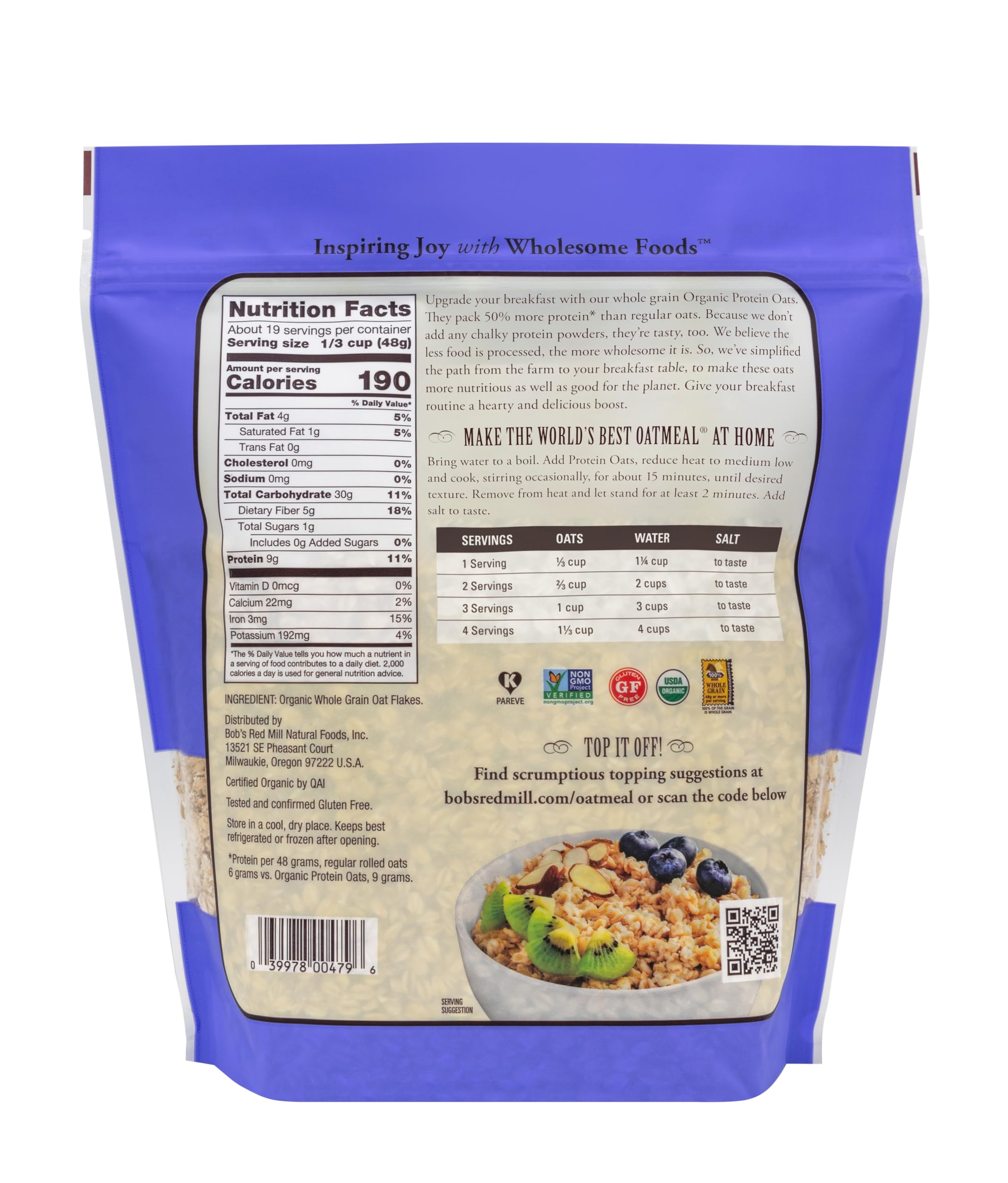Bob's Red Mill Organic Protein Oats overnight oats for quick morning nutrition.