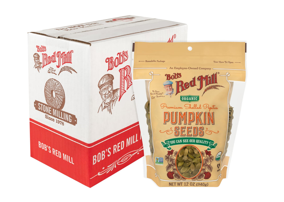 Bob's Red Mill Organic Pumpkin Seeds 12oz pack front view for snacking and toppings