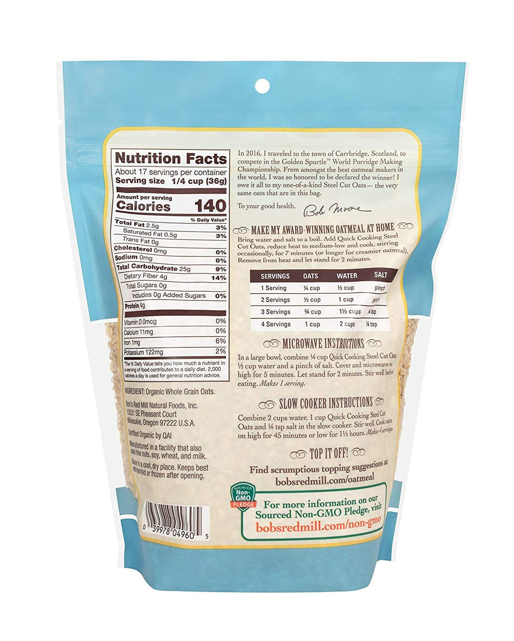 Bob's Red Mill Organic Quick Cook Steel Cut Oats bag back, nutrition and features.