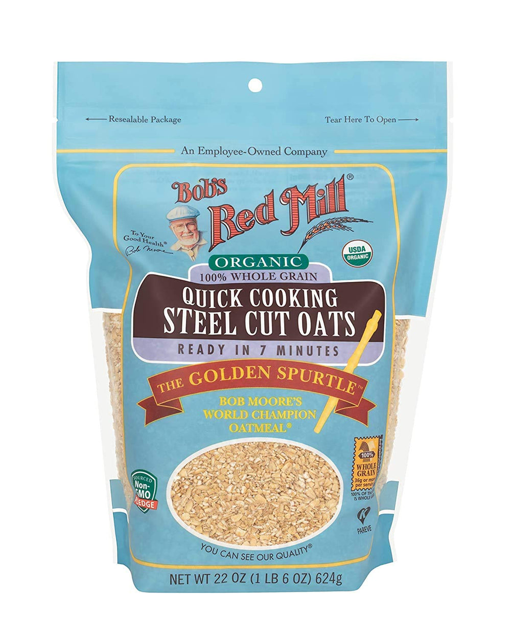 Bob's Red Mill Organic Quick Cook Steel Cut Oats bag front, quick breakfast base.