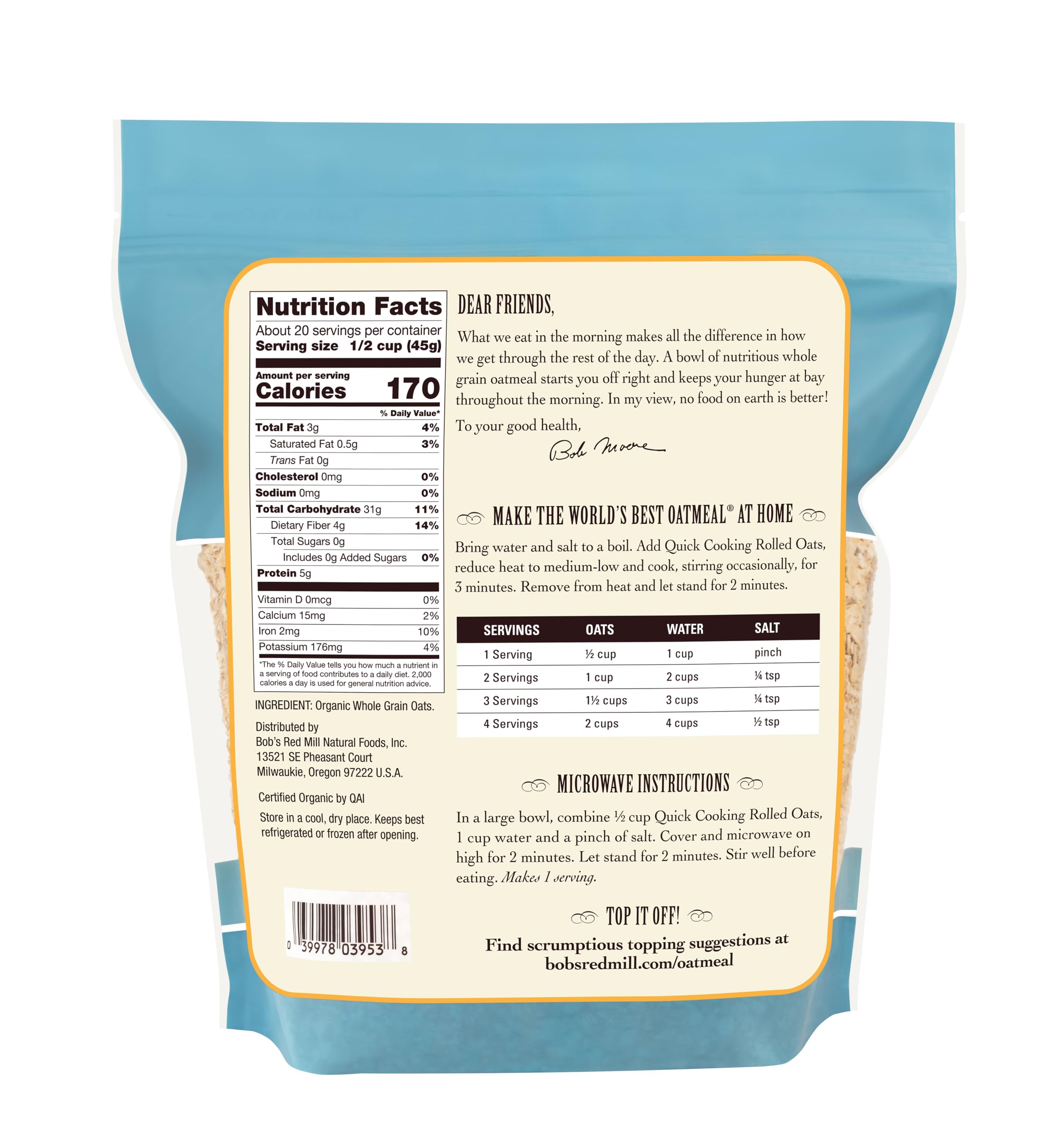 Bob's Red Mill oats packaging with measuring cup for busy mornings