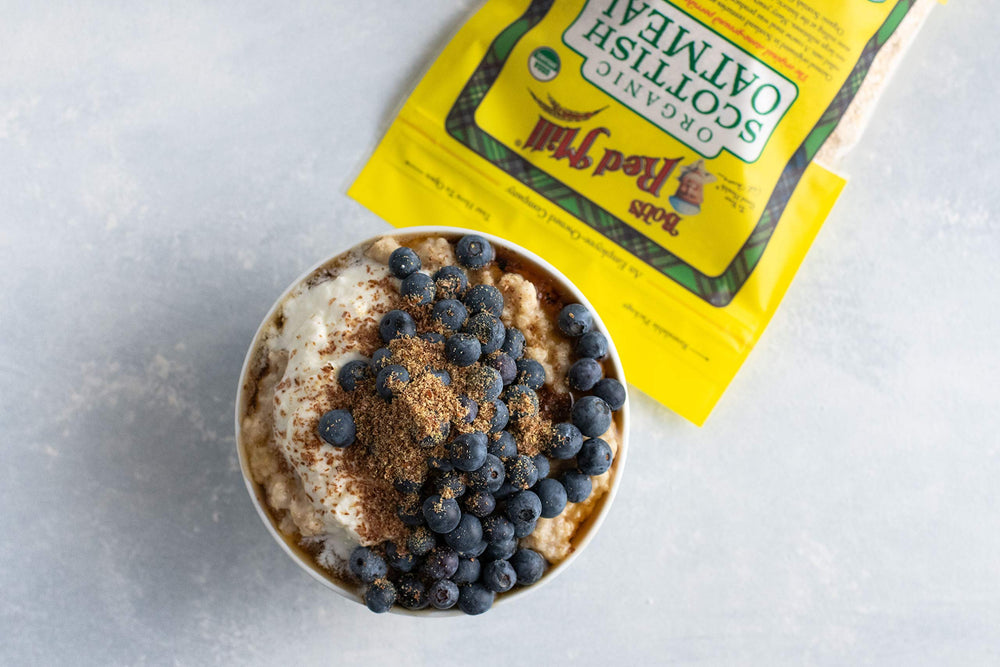 Bob's Red Mill Organic Scottish Oatmeal label shows non-GMO, vegan, kosher.