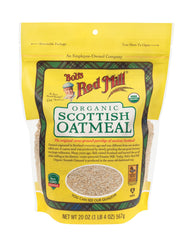 Bob's Red Mill Organic Scottish Oatmeal in a measuring cup ready to cook.