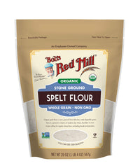 Bob's Red Mill Organic Spelt Flour bag highlighting natural whole grain for baking