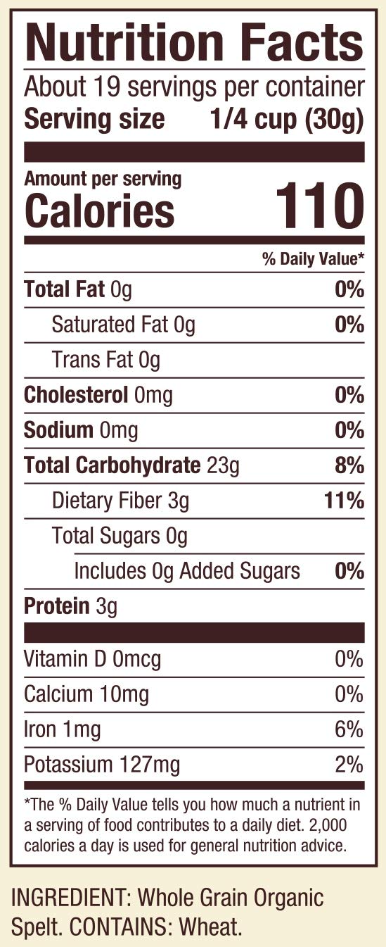 Bob's Red Mill Organic Spelt Flour label on a bag highlighting organic, whole grain quality.