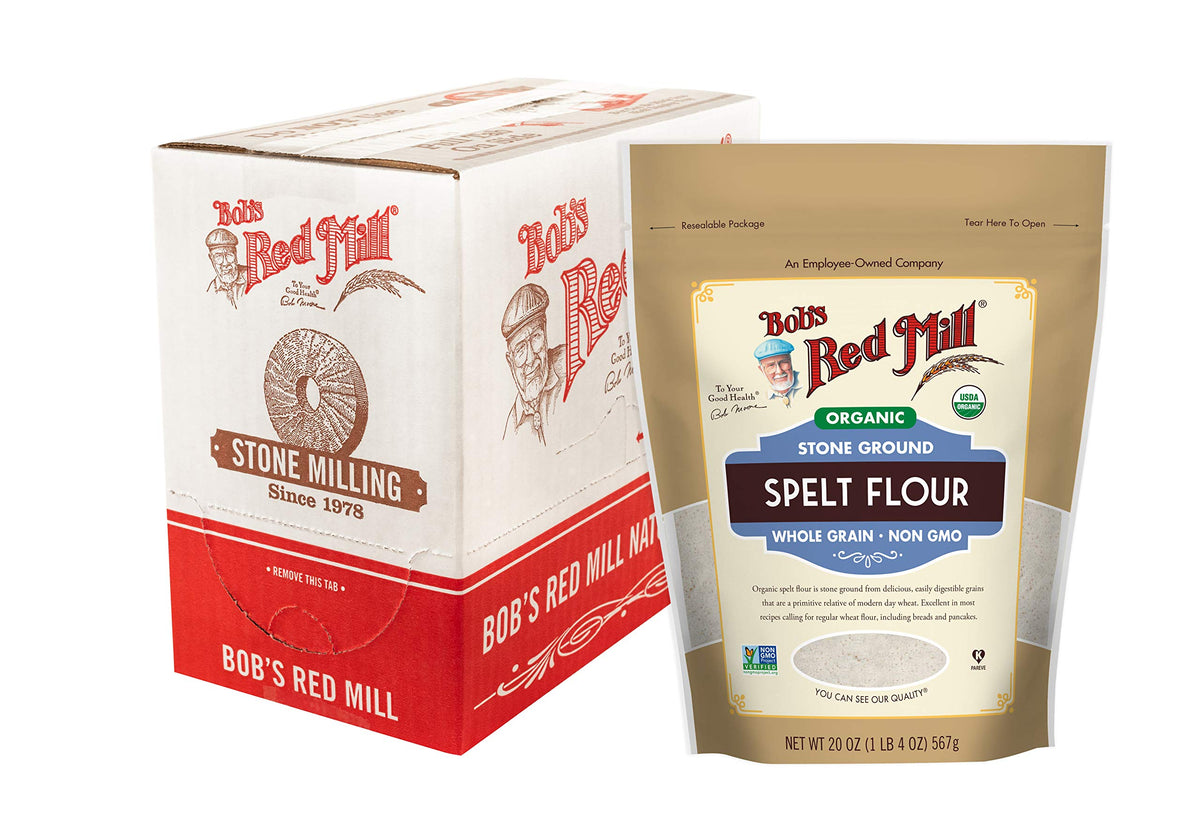 Bob's Red Mill Organic Spelt Flour pack of four bags for easy home baking.
