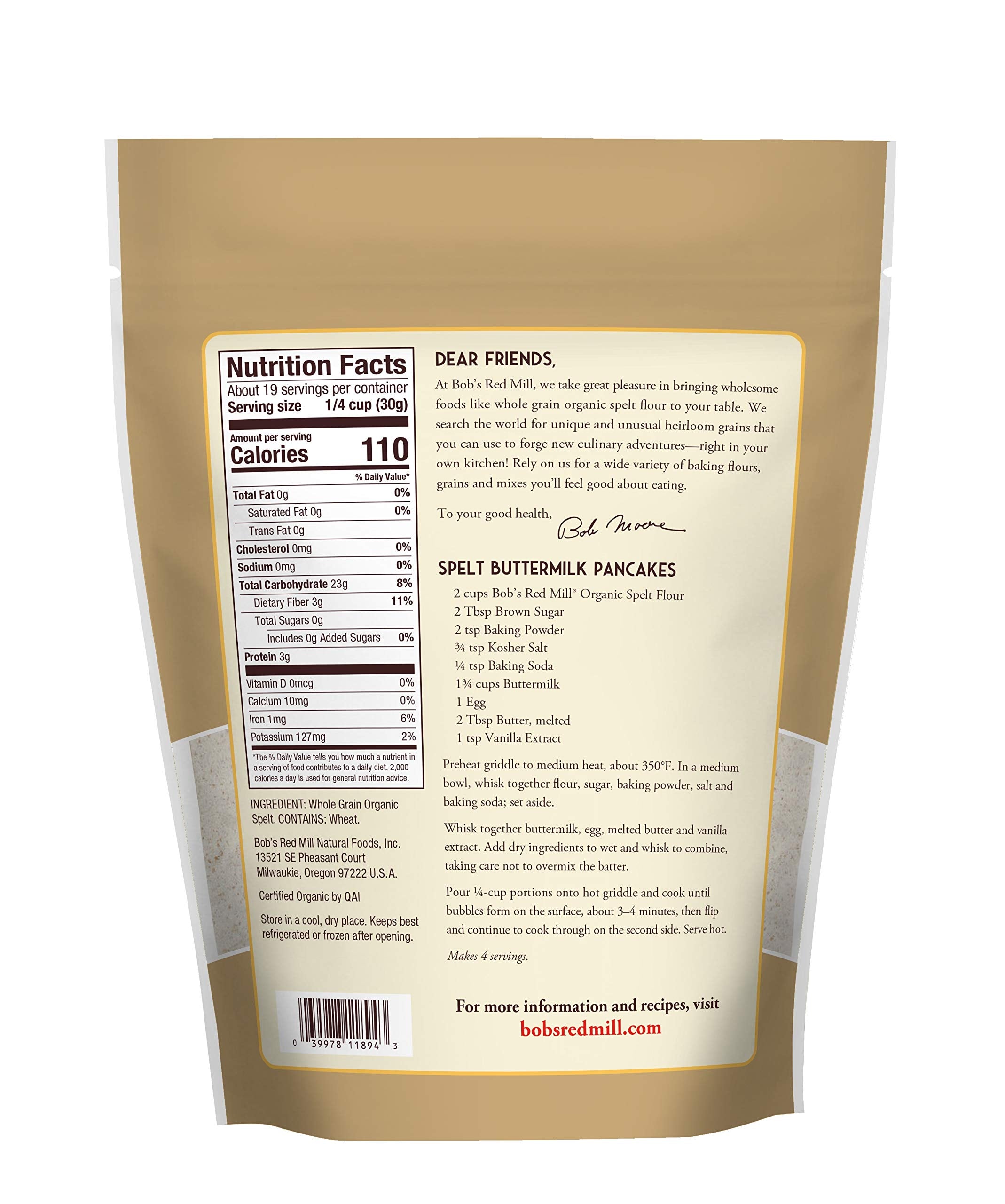 Bob's Red Mill Organic Spelt Flour pouring into a mixing bowl for bread dough