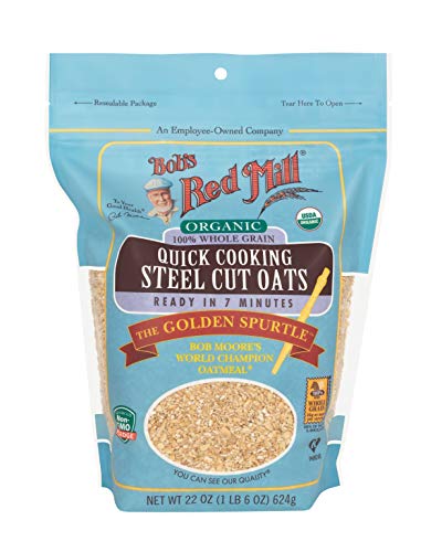 Bob's Red Mill organic oats packaging on shelf highlights whole grain quality.