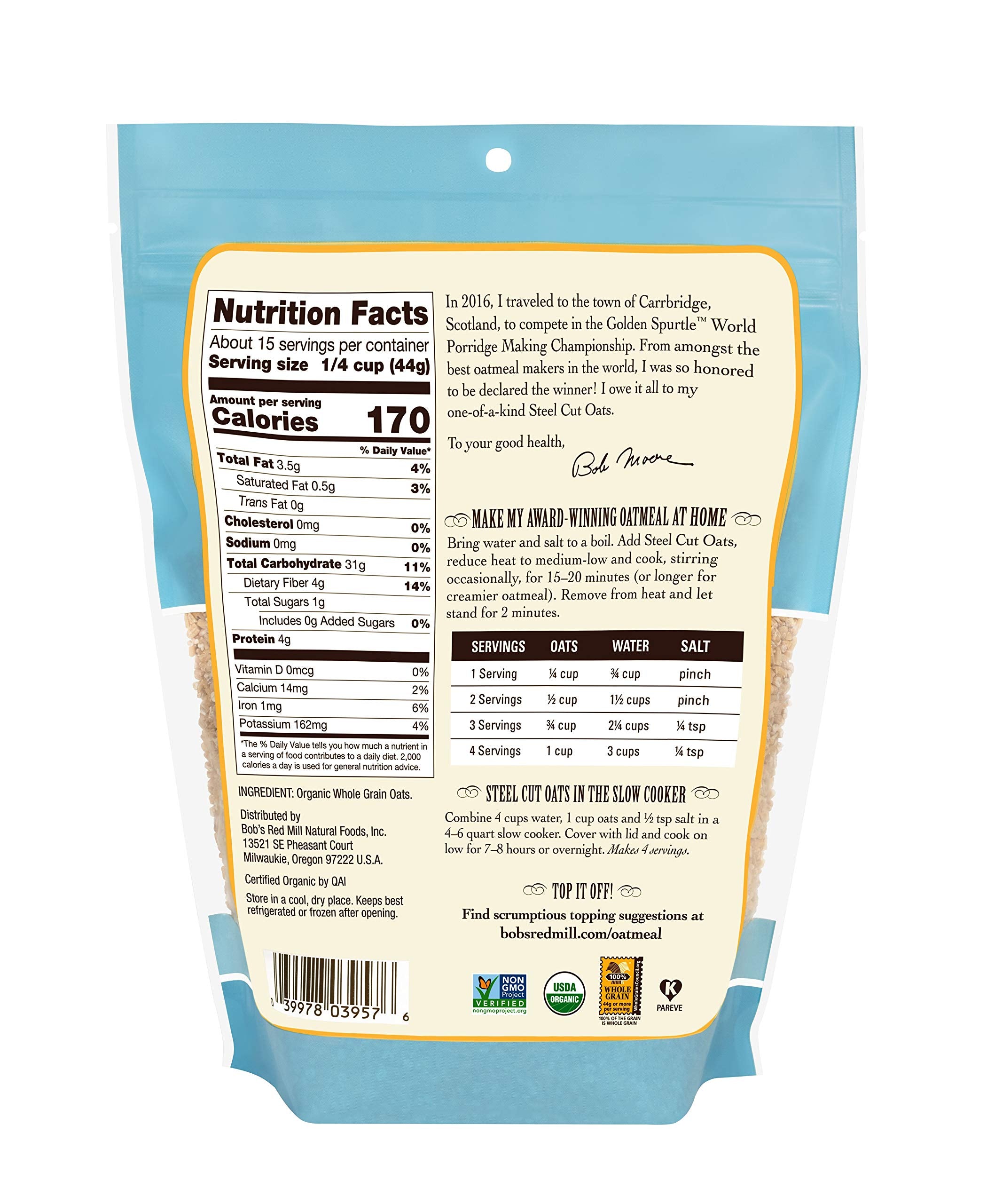Bob's Red Mill Organic Steel Cut Oats packaging highlighting organic, non-GMO ingredients for a clean breakfast.