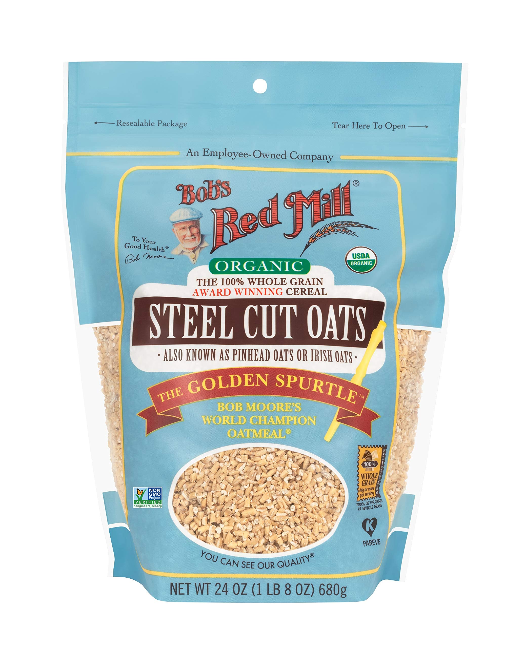 Bob's Red Mill Organic Steel Cut Oats topped with nuts and fruit.