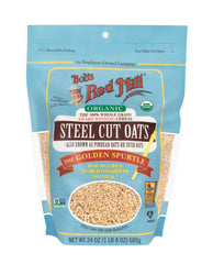 Bob's Red Mill Organic Steel Cut Oats topped with nuts and fruit.