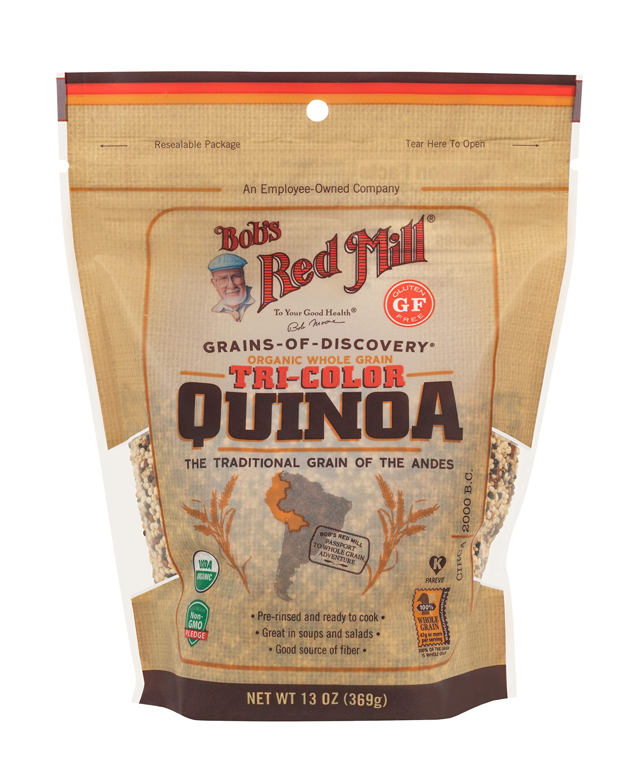 Bob's Red Mill organic tri-color quinoa pack front showing whole grains for nutritious meals