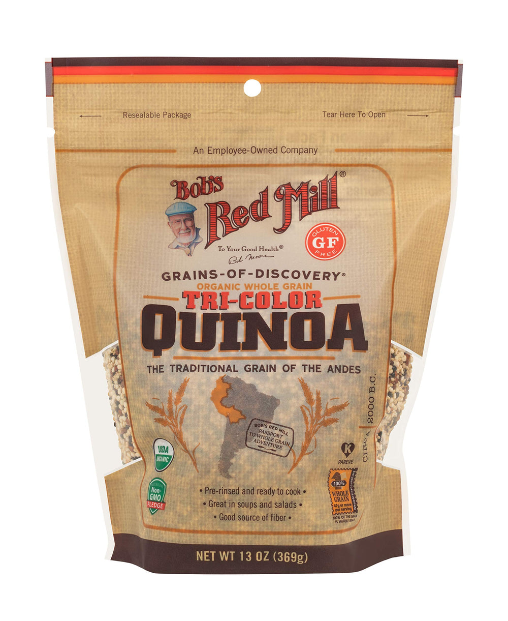 Bob's Red Mill organic tri-color quinoa pack front showing whole grains for nutritious meals