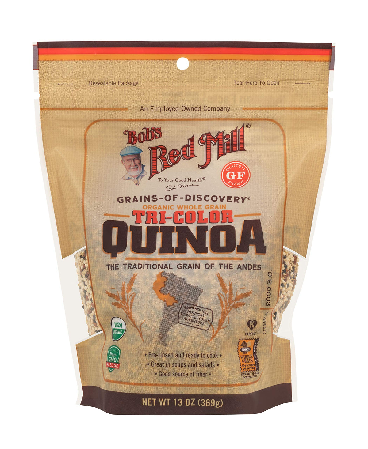 Bob's Red Mill organic tri-color quinoa pack front showing whole grains for nutritious meals