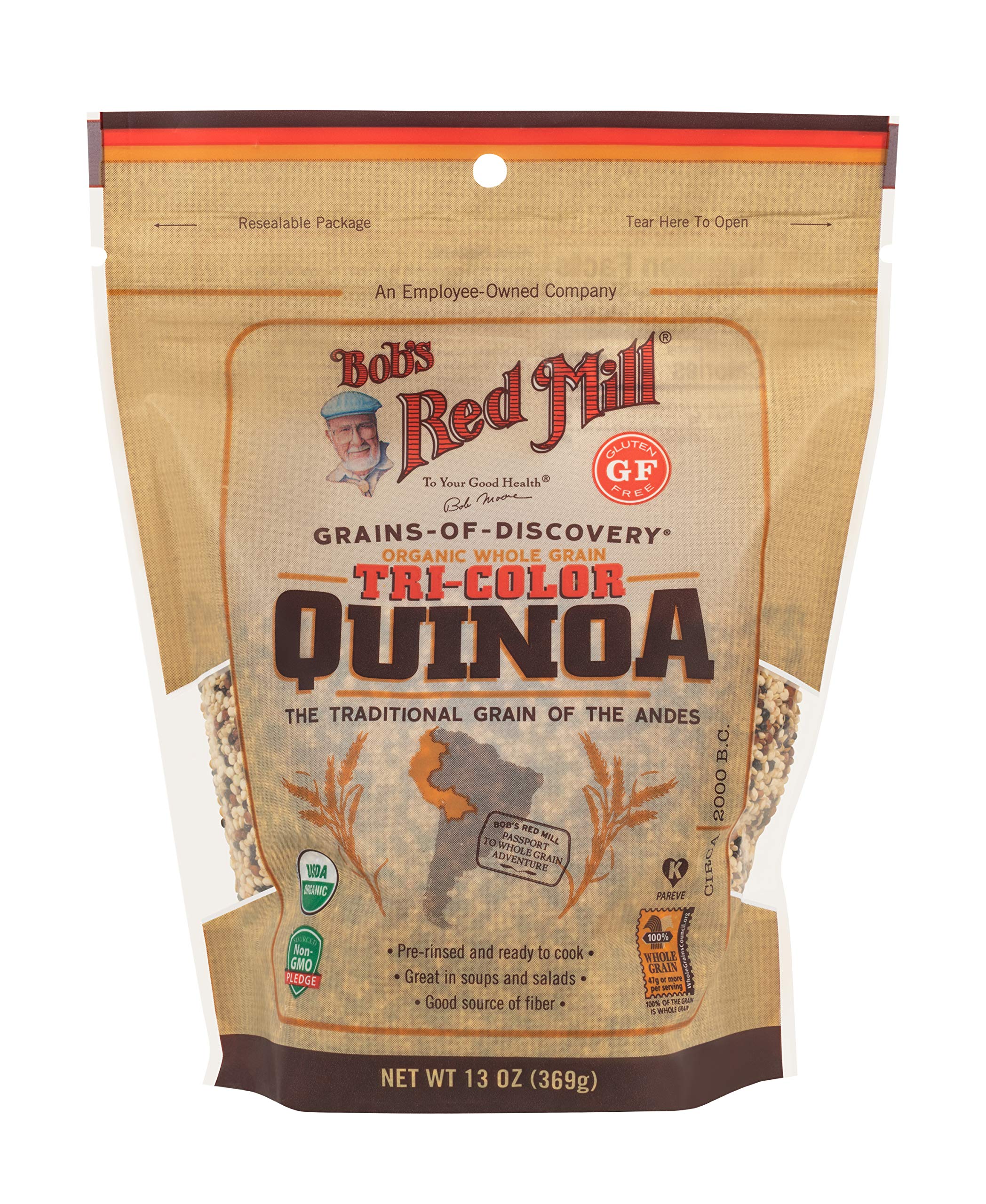 Cooked Bob's Red Mill Organic Tri-Color Quinoa with a nutty aroma complements vegetables.