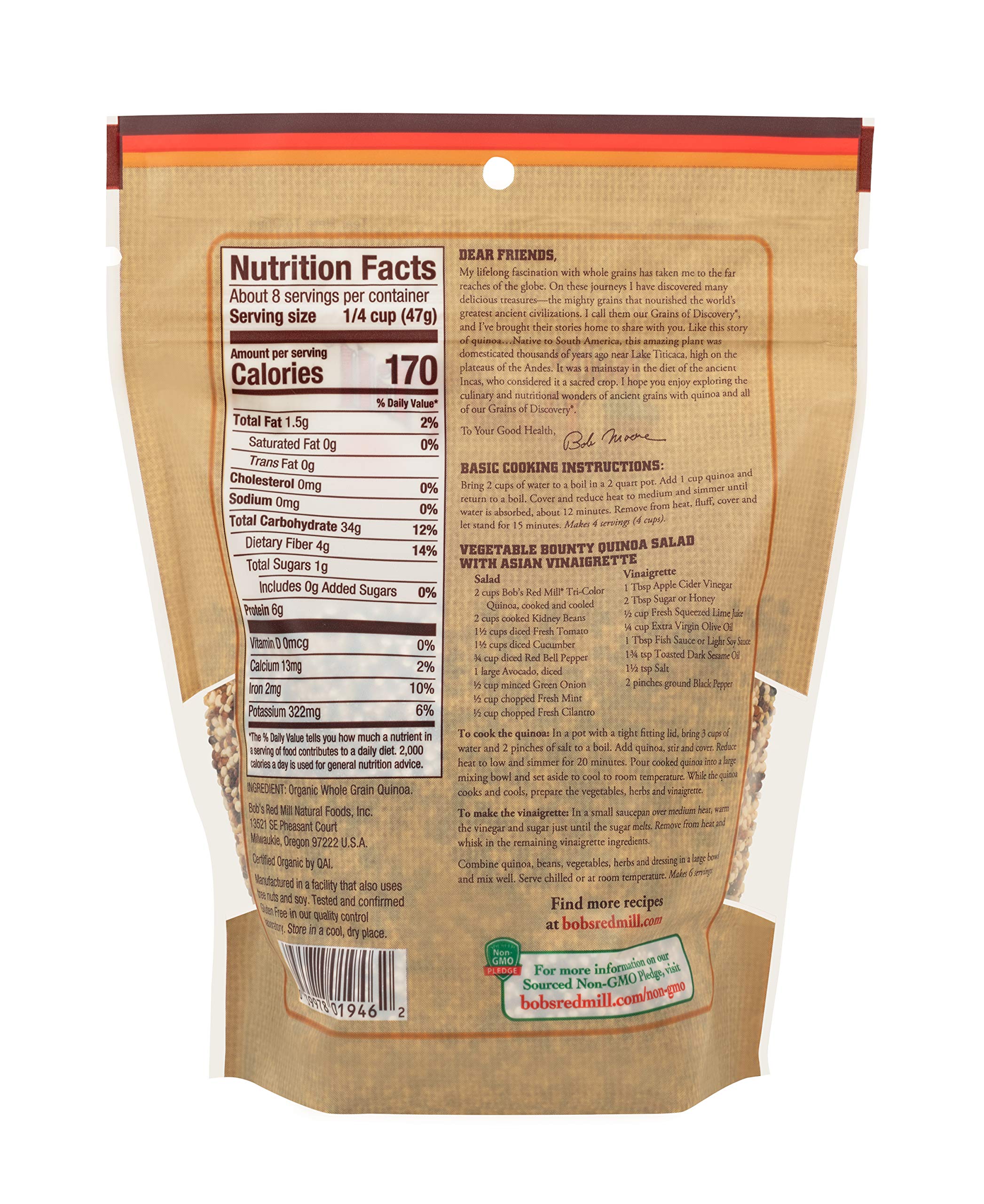 Bob's Red Mill Organic Tri-Color Quinoa raw grains ready for salads and pilafs.